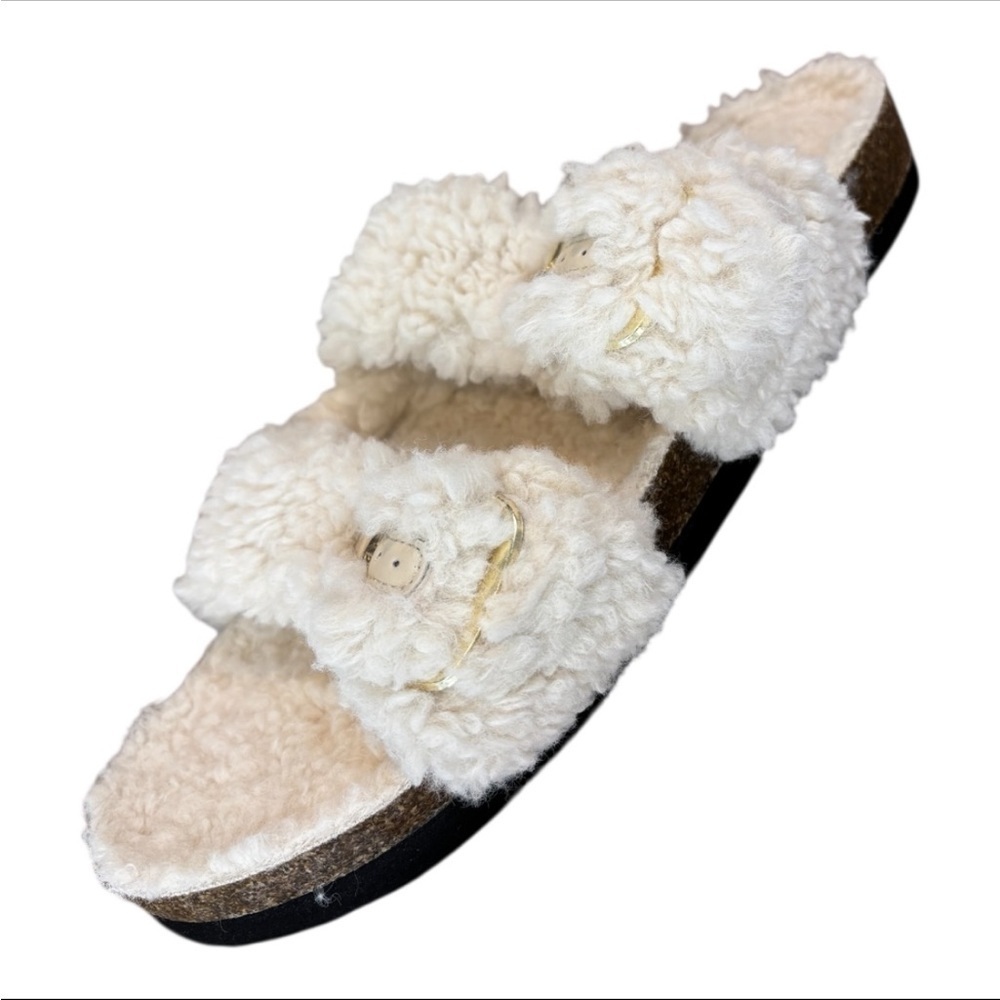 NWT Auden Faux Fur Women's Two Band Buckle Cream Jane Fuzzy Slippers Size 11